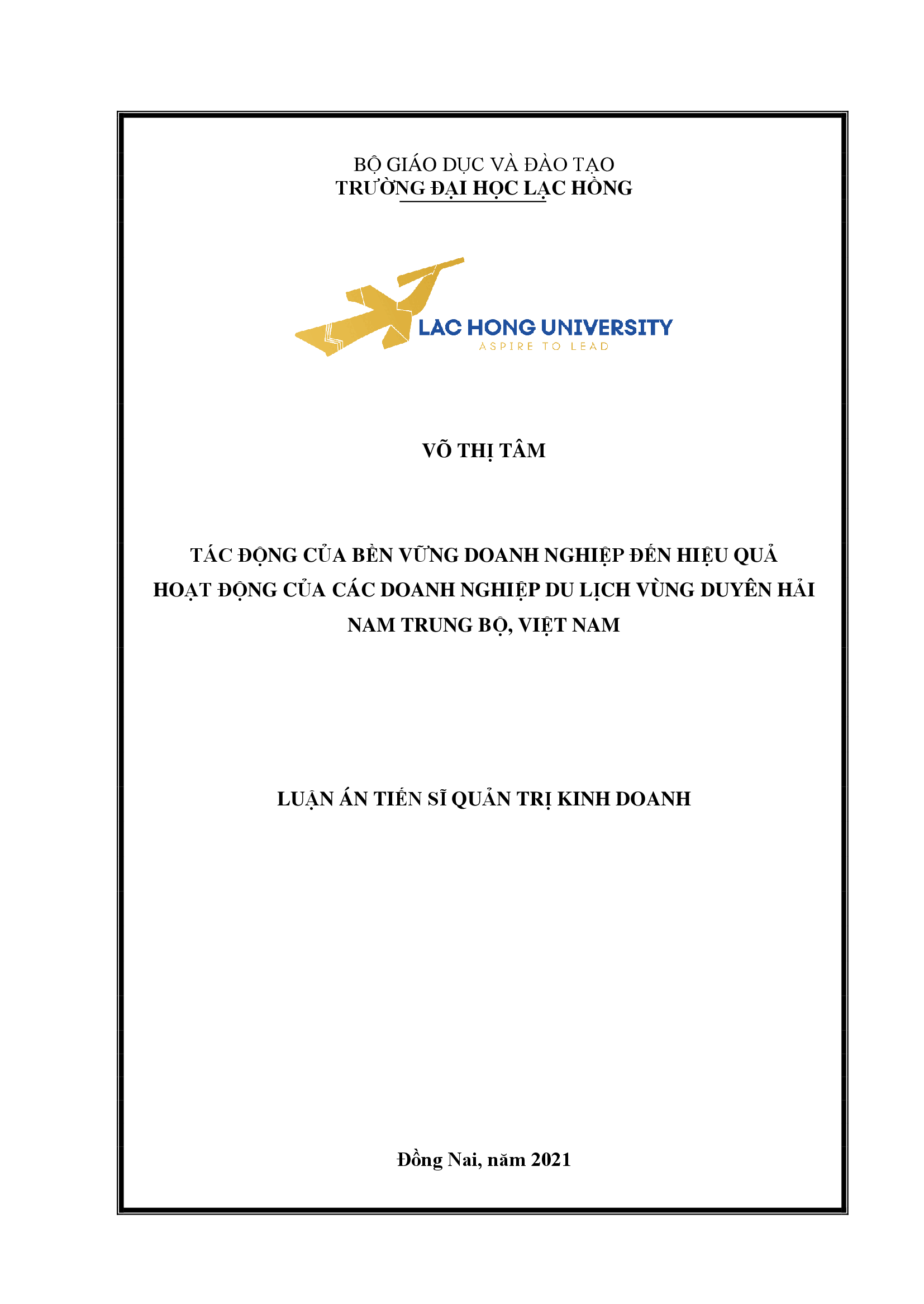 Tác động của bền vững doanh nghiệp đến hiệu quả hoạt động của các doanh nghiệp du lịch vùng Duyên hải Nam Trung Bộ Việt Nam